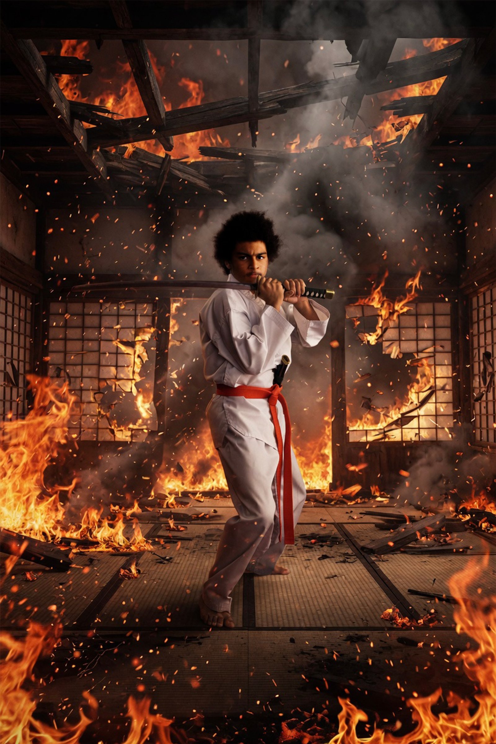 Student in a burning dojo composite
