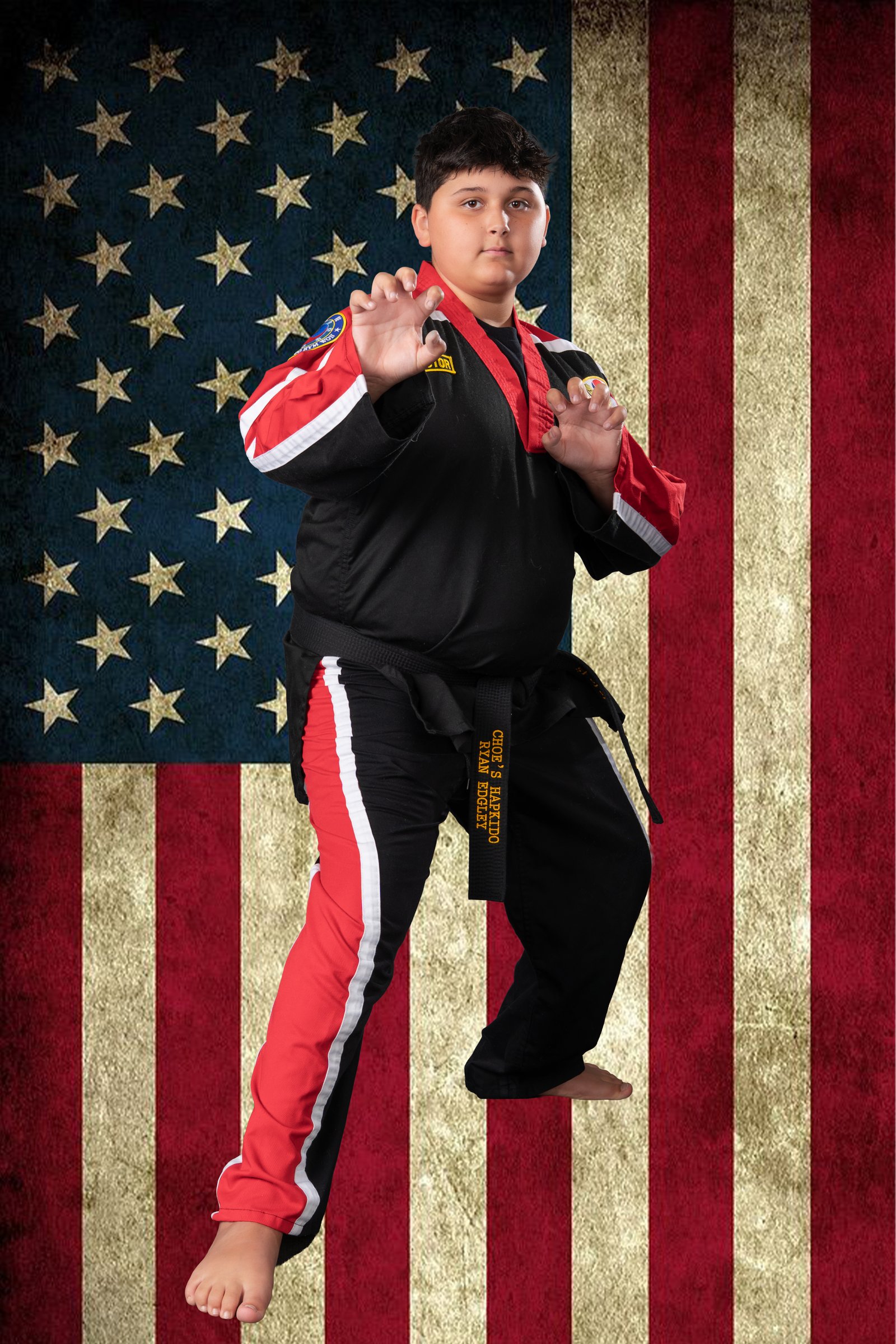 Student against an American flag backdrop