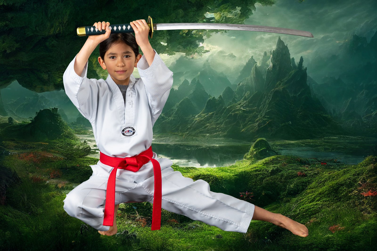 Student with a sword against green mountains