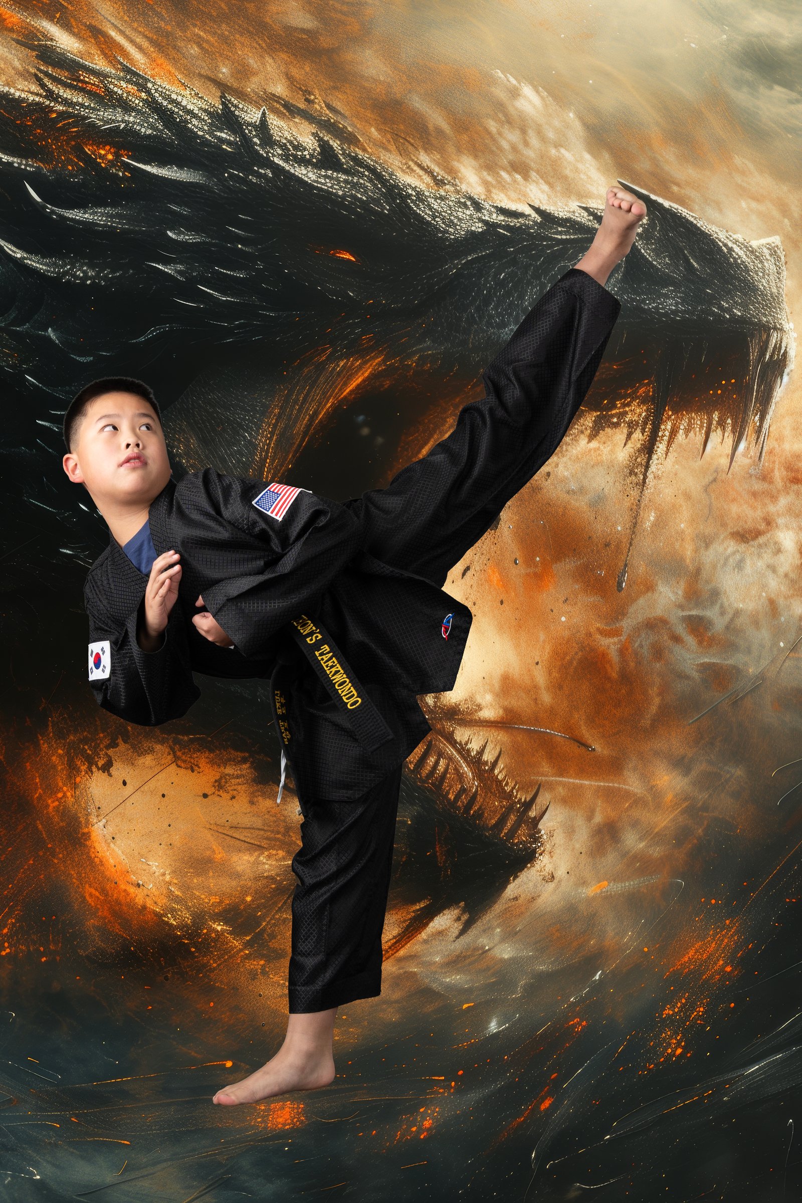 Young martial artist mid-kick against a dragon composite background