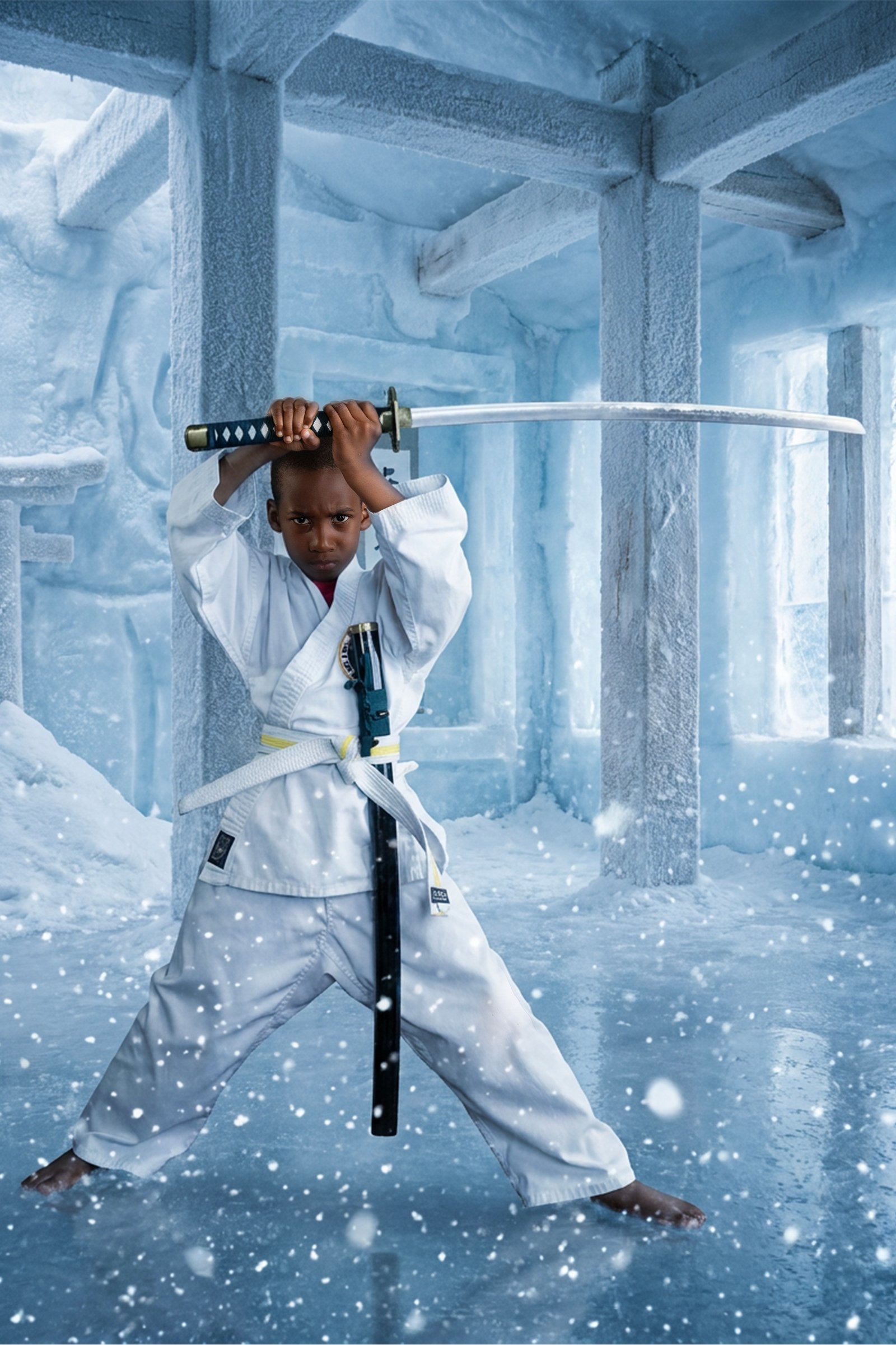 Student with a sword in an ice temple composite