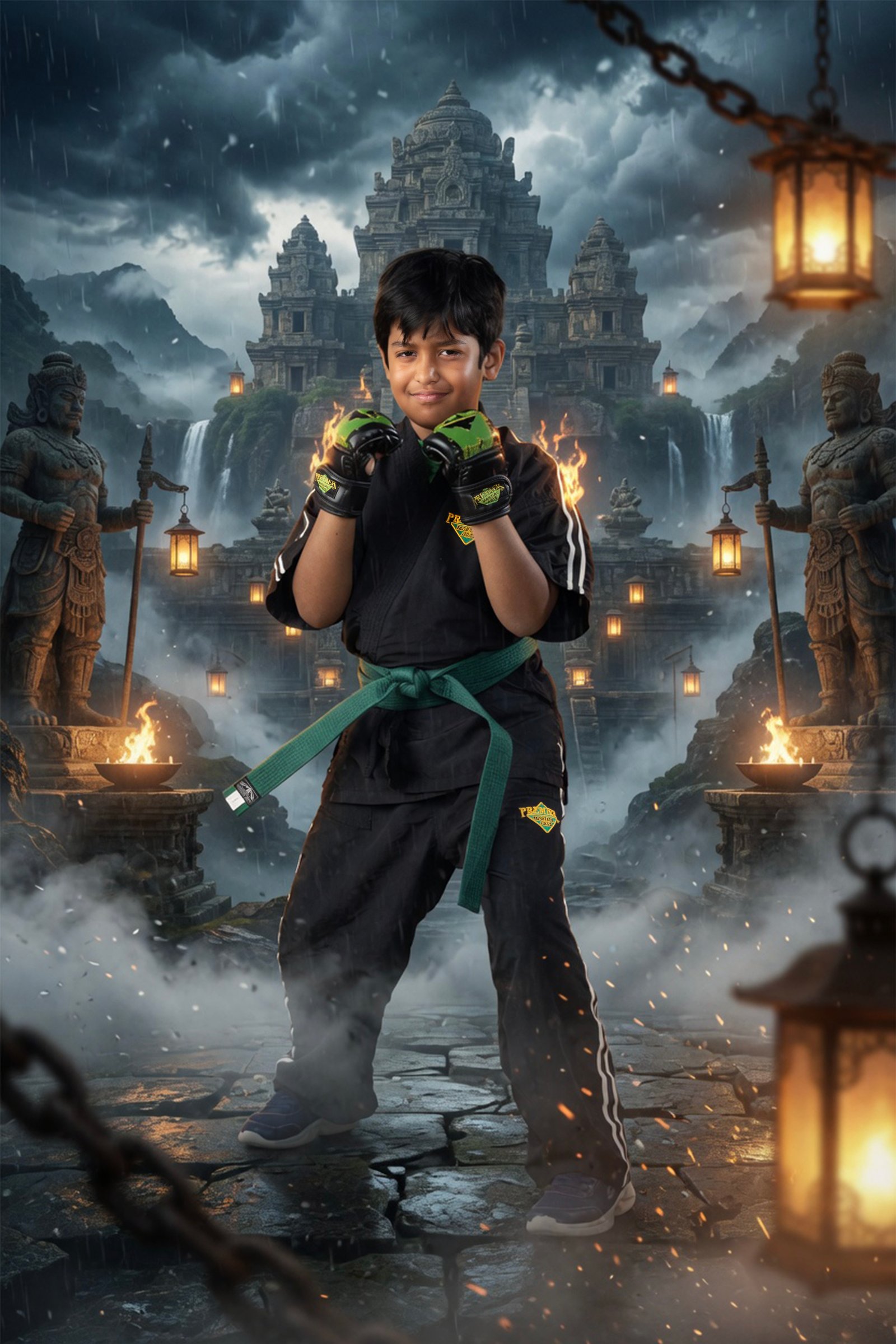Student in a lantern-lit temple
