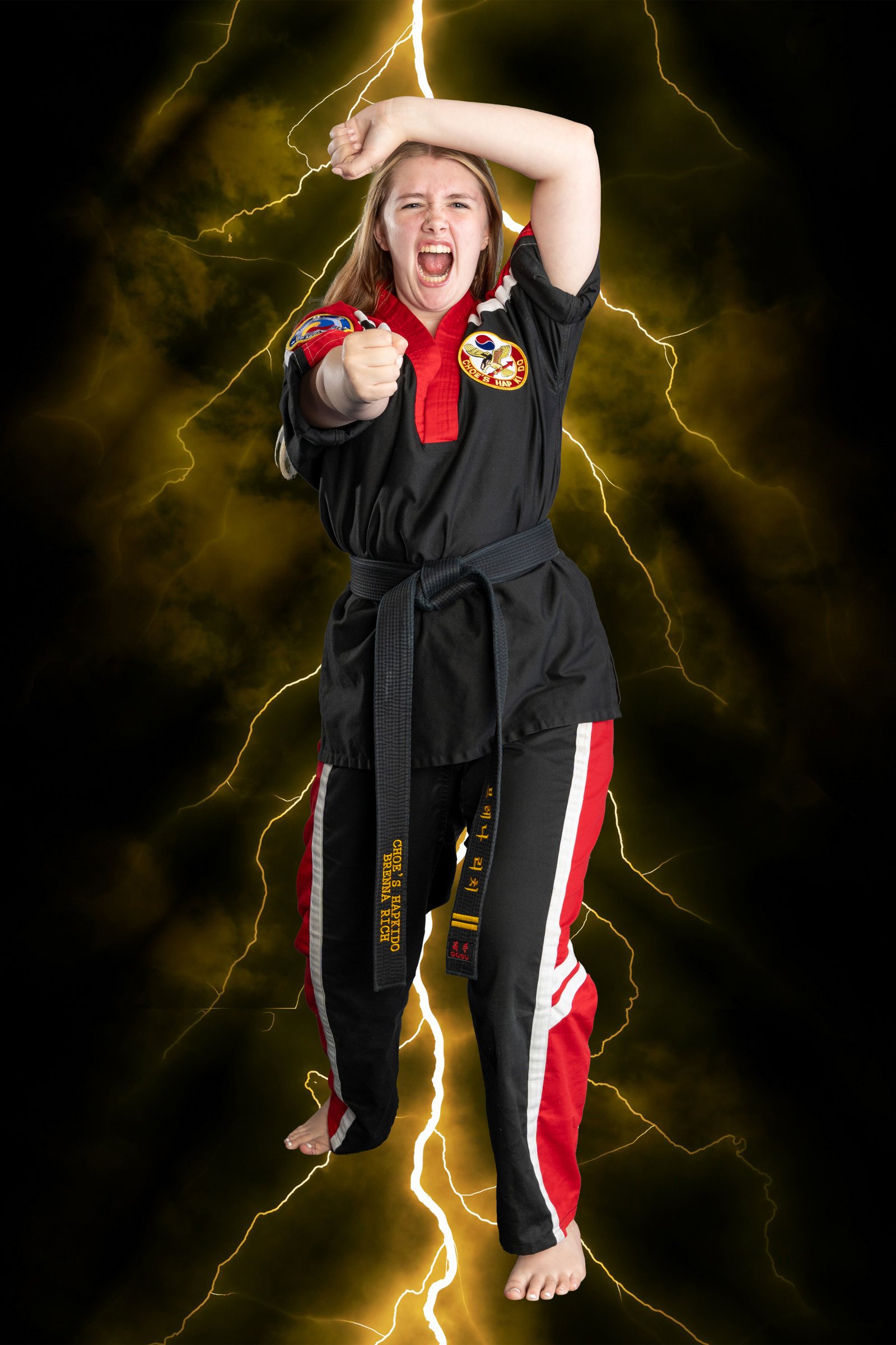 Student with a yellow lightning composite background