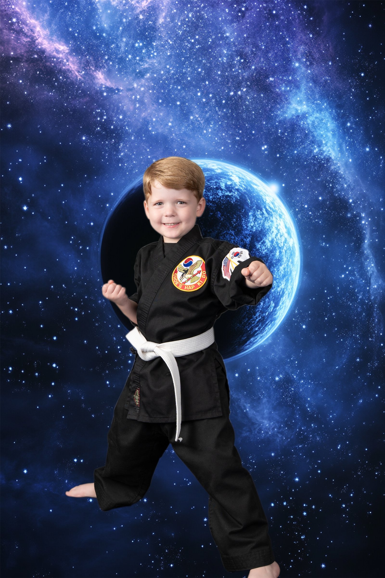 Young student against a planet and starfield backdrop