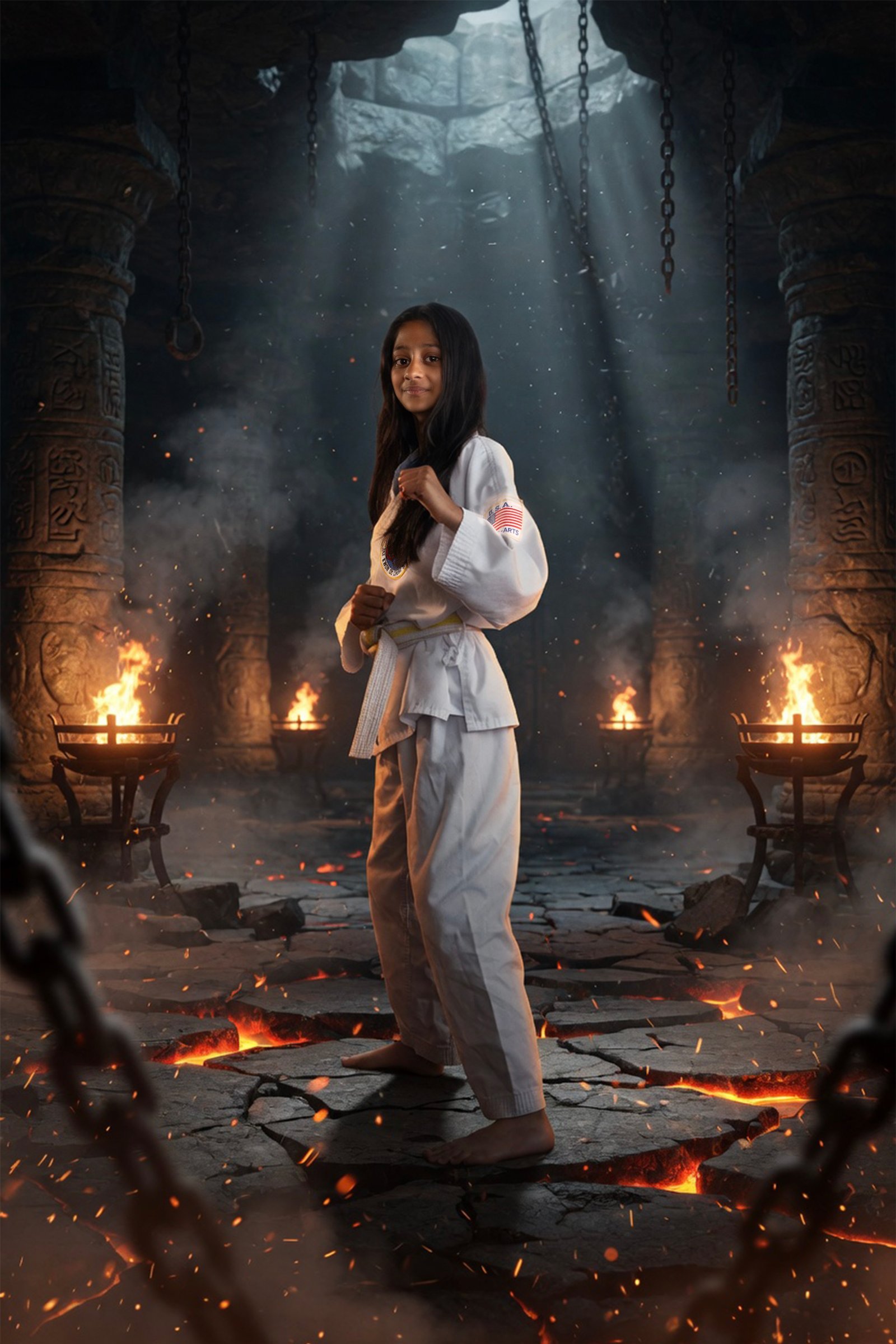 Student in a misty lantern-lit temple